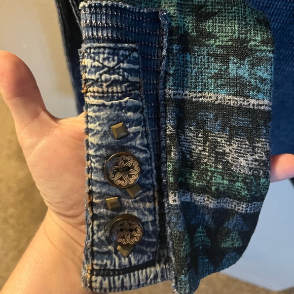 Navy Blue  boho Henley Women's Top with bell sleeves and button design - Picture 3 of 4